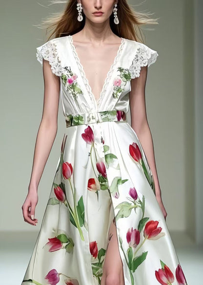 Beautiful Floral Side Open Silk Dresses Exra Large Hem Sleeveless