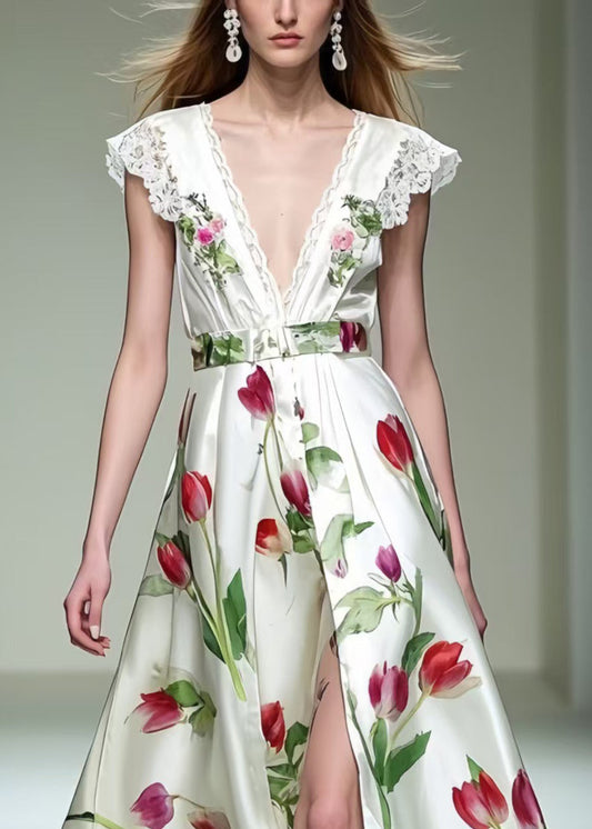 Beautiful Floral Side Open Silk Dresses Exra Large Hem Sleeveless