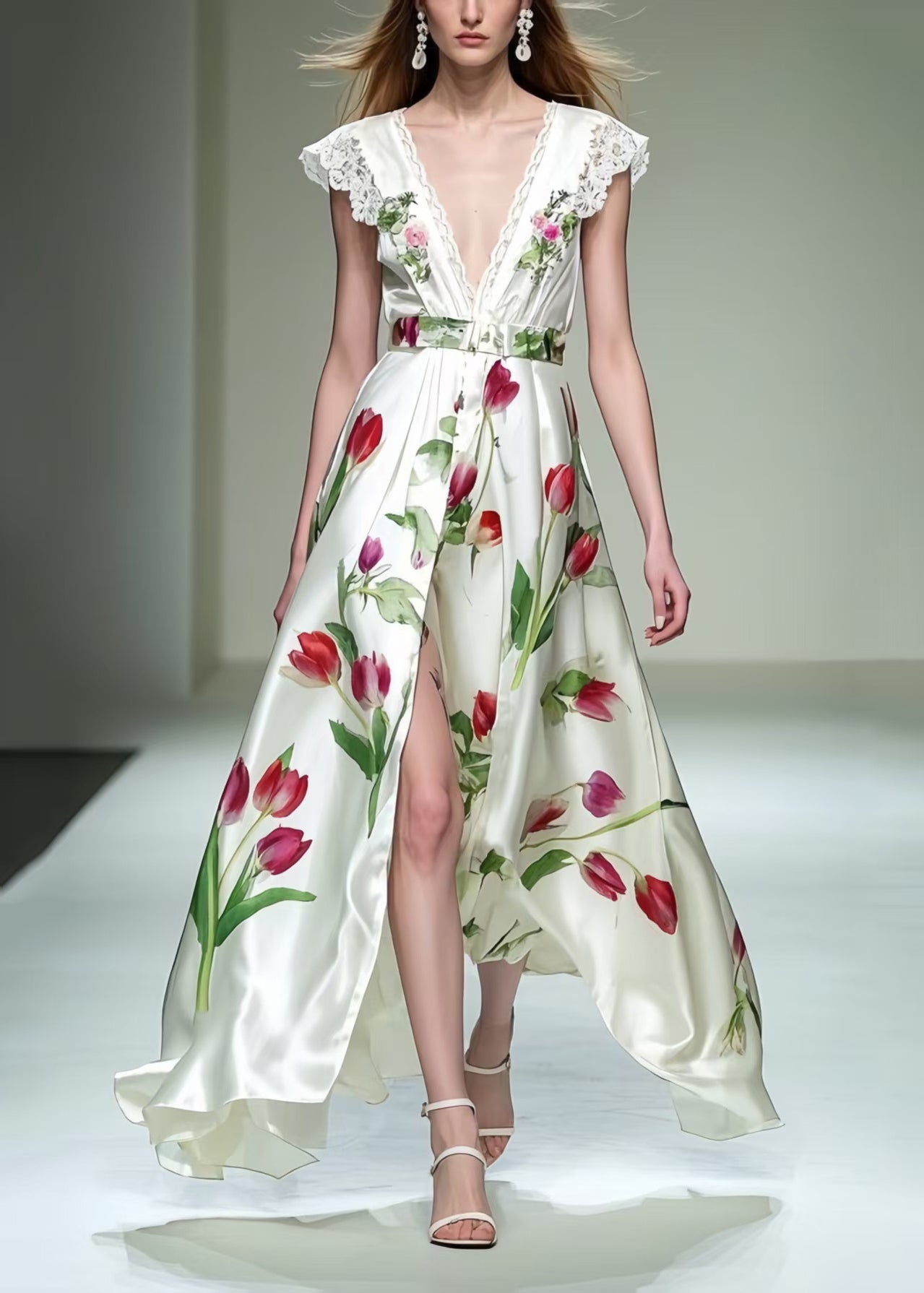 Beautiful Floral Side Open Silk Dresses Exra Large Hem Sleeveless