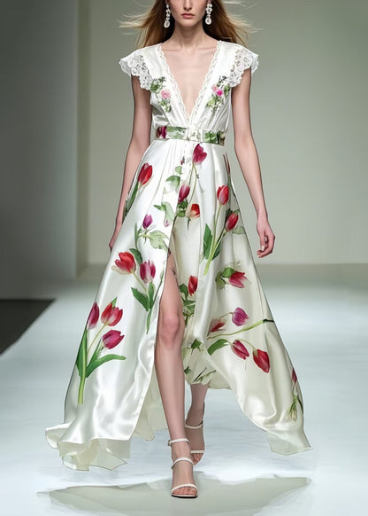 Beautiful Floral Side Open Silk Dresses Exra Large Hem Sleeveless