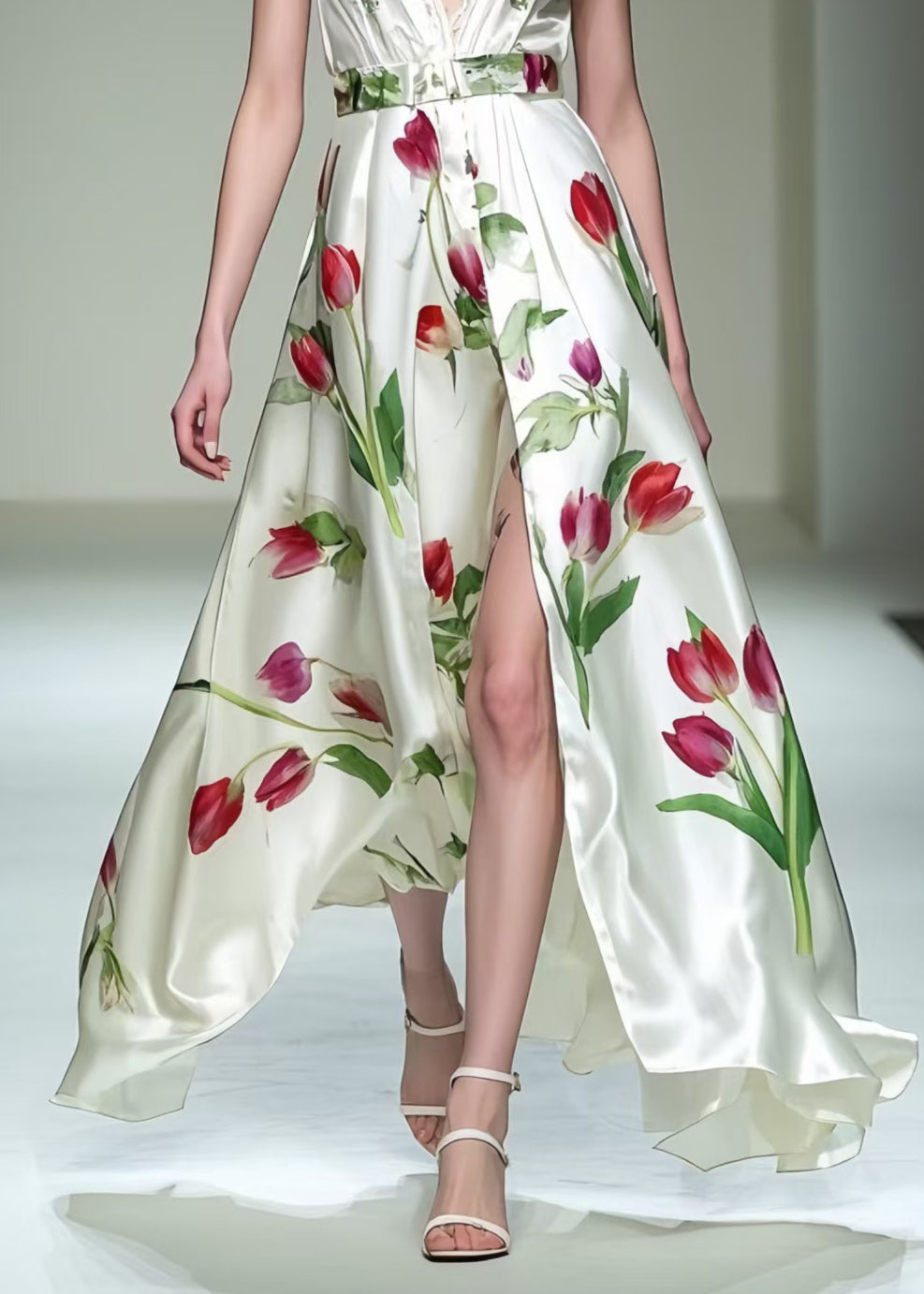 Beautiful Floral Side Open Silk Dresses Exra Large Hem Sleeveless