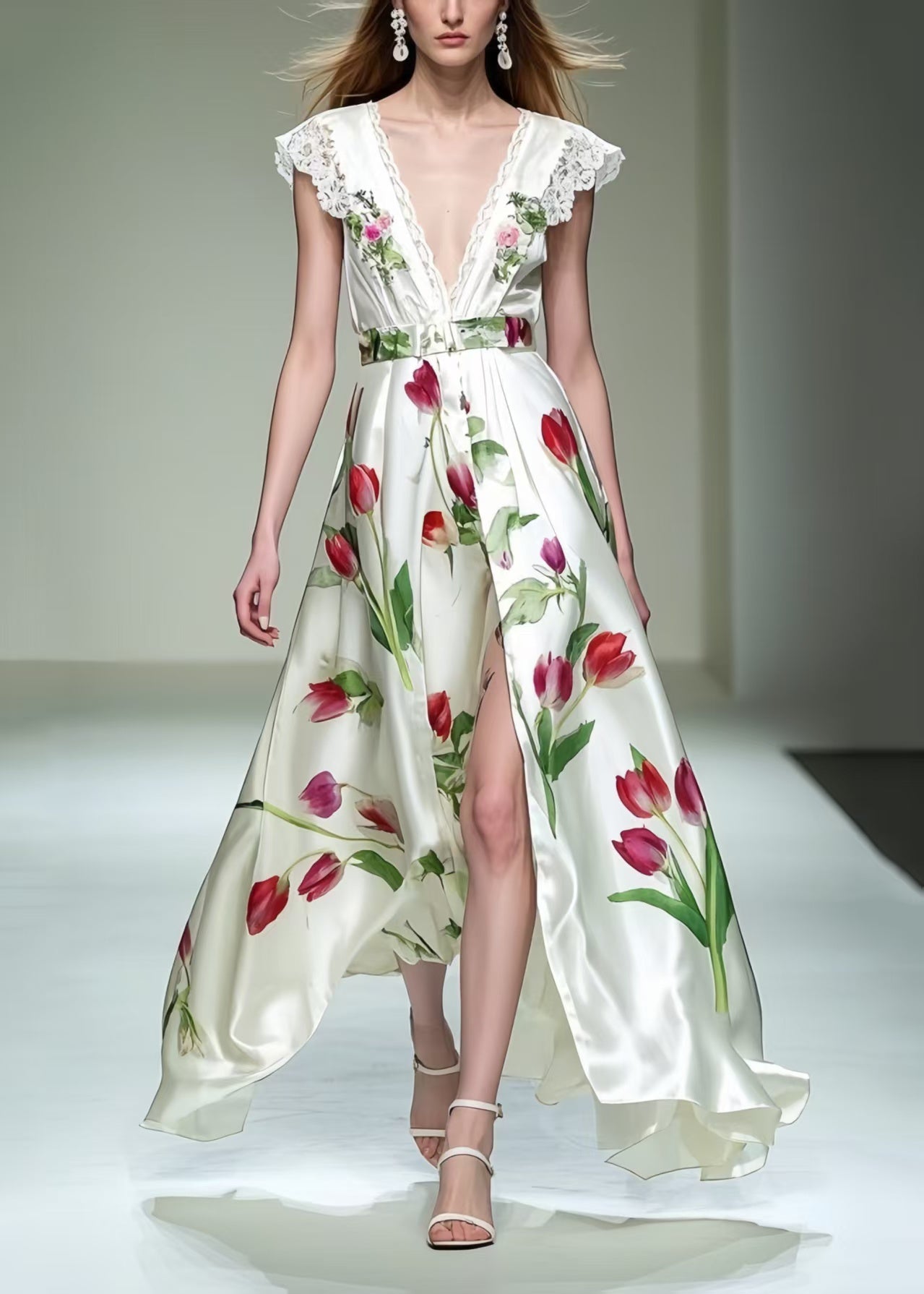 Beautiful Floral Side Open Silk Dresses Exra Large Hem Sleeveless