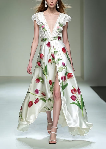 Beautiful Floral Side Open Silk Dresses Exra Large Hem Sleeveless