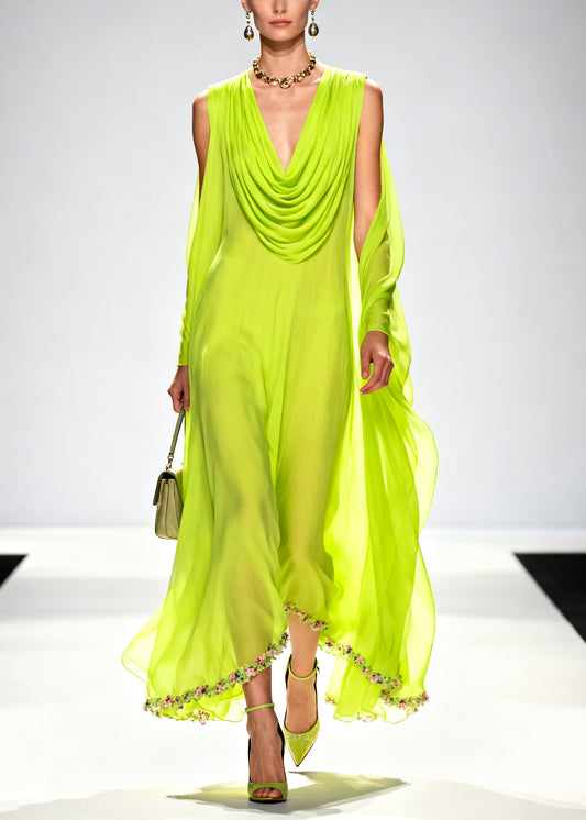 Beautiful Fluorescent Green Turtle Neck Patchwork Flower Chiffon Holiday Dress Summer