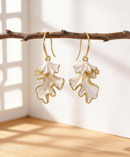 Beautiful Gold 18K Gold Asymmetrical Shell Dripping Glaze Ginkgo Leaf Drop Earrings
