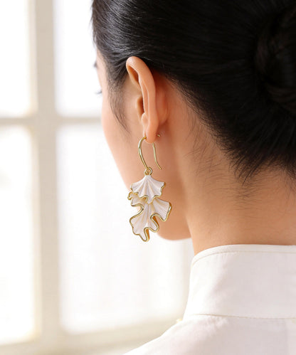 Beautiful Gold 18K Gold Asymmetrical Shell Dripping Glaze Ginkgo Leaf Drop Earrings