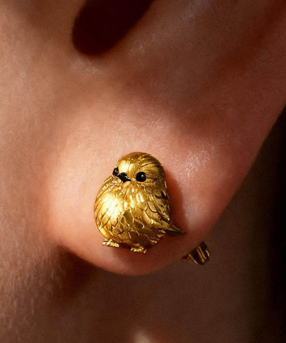 Beautiful Gold Copper Stereoscopic Feather Small Birb Stud Earrings