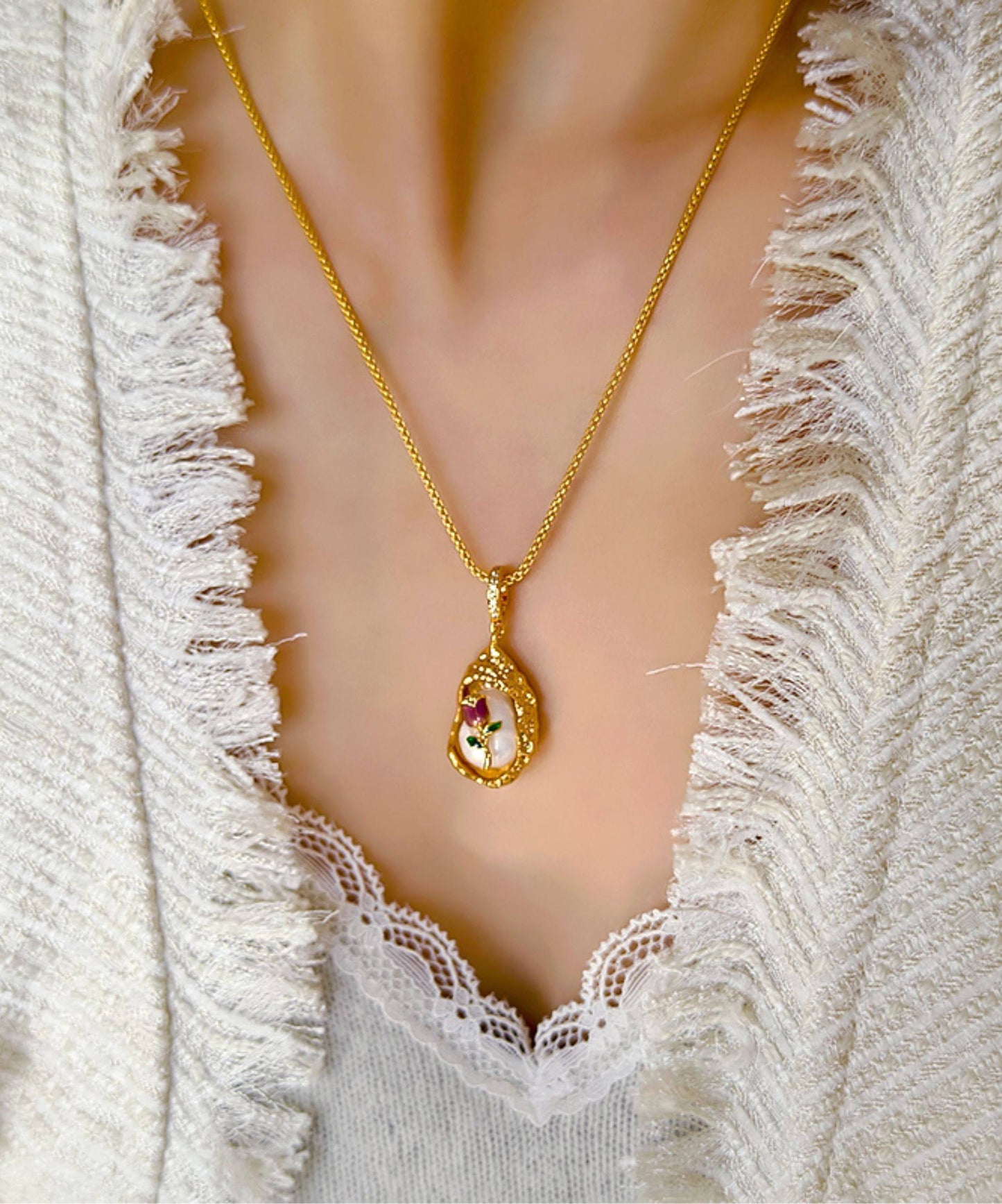 Beautiful Golden Tulip Metal Monet's Garden Pendant Necklace