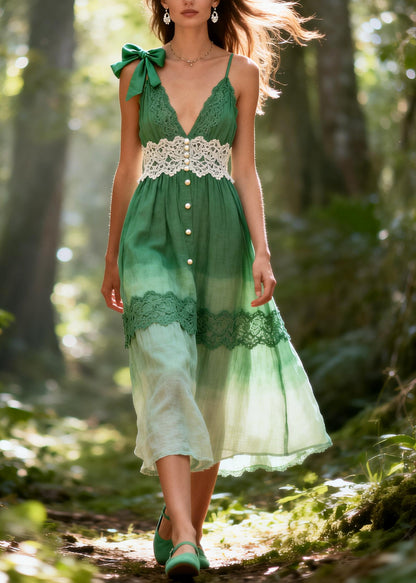 Beautiful Gradient Green Lace Patchwork Bow Cotton Long Dresses Summer