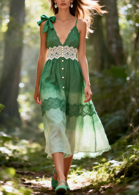 Beautiful Gradient Green Lace Patchwork Bow Cotton Long Dresses Summer