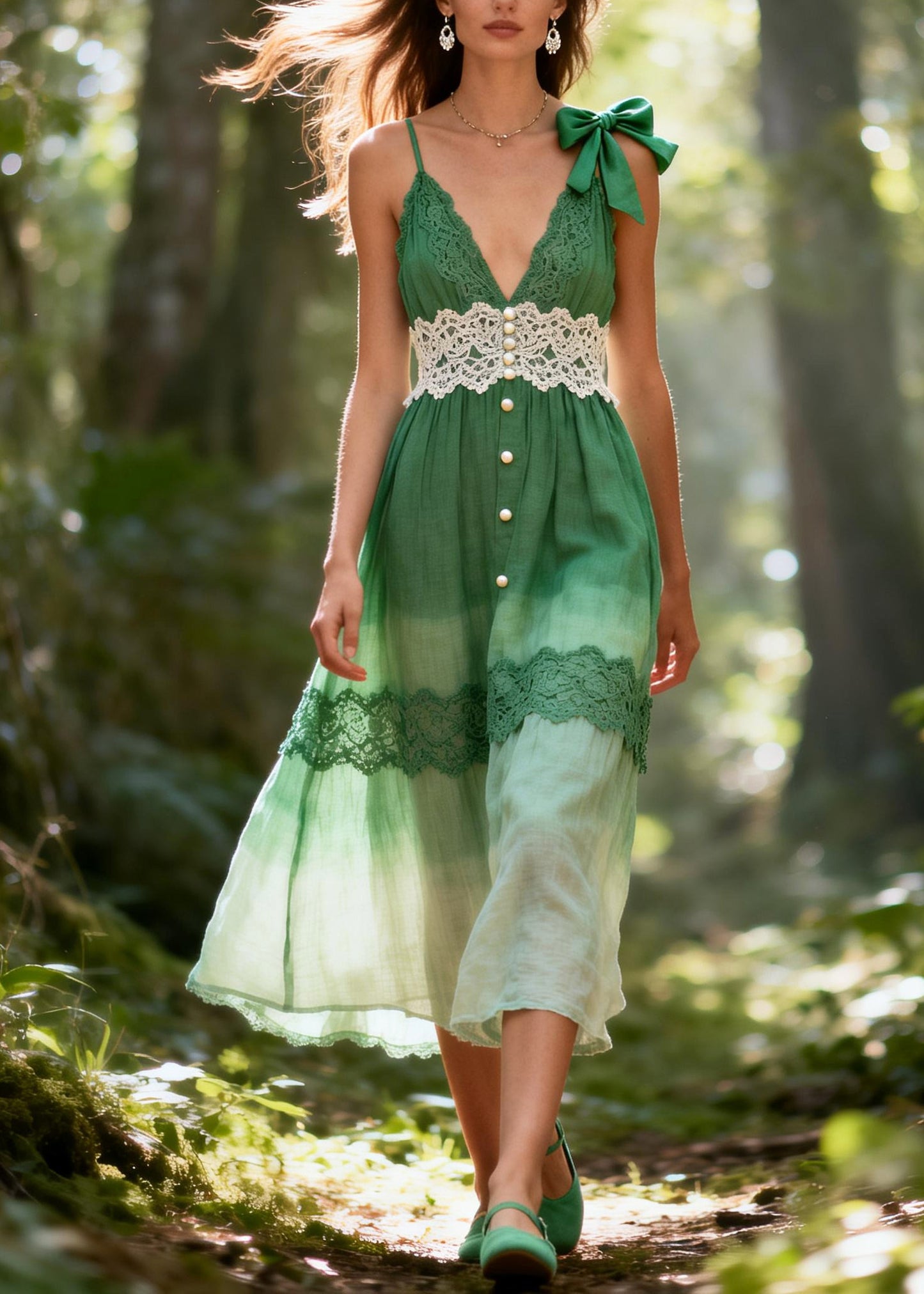 Beautiful Gradient Green Lace Patchwork Bow Cotton Long Dresses Summer