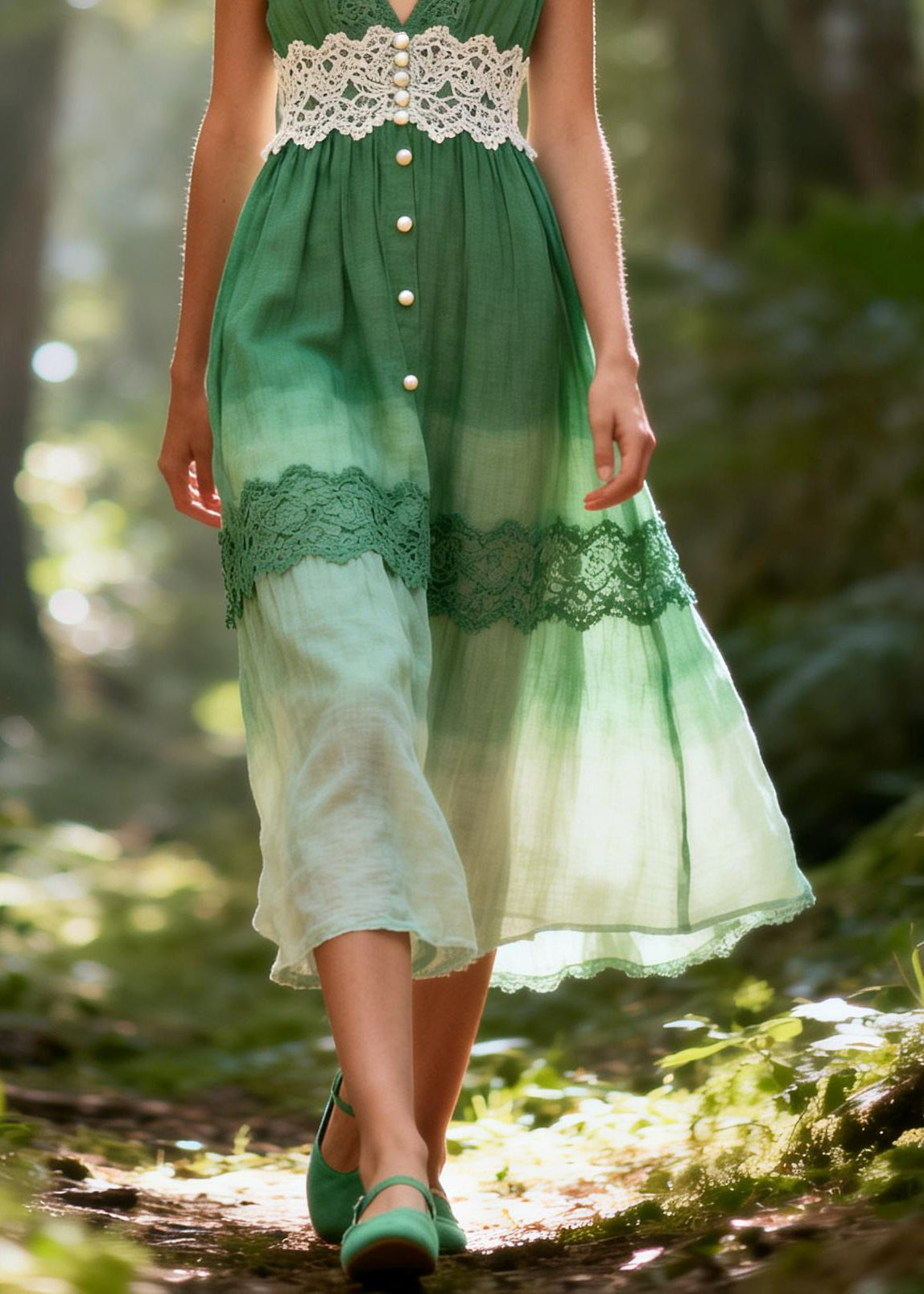 Beautiful Gradient Green Lace Patchwork Bow Cotton Long Dresses Summer