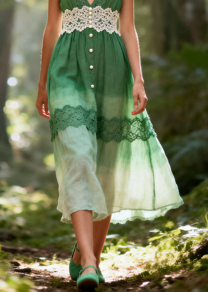 Beautiful Gradient Green Lace Patchwork Bow Cotton Long Dresses Summer