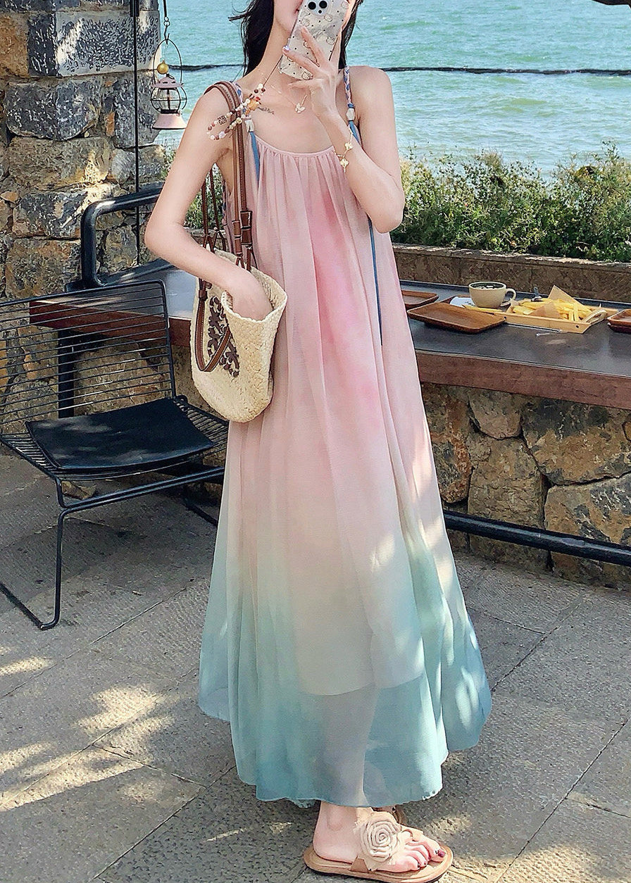 Beautiful Gradient Pink Draping Chiffon Sundress Summer