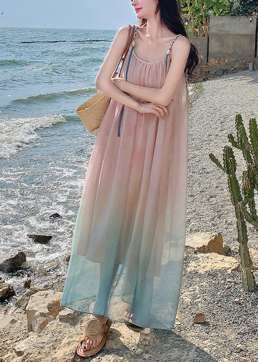 Beautiful Gradient Pink Draping Chiffon Sundress Summer