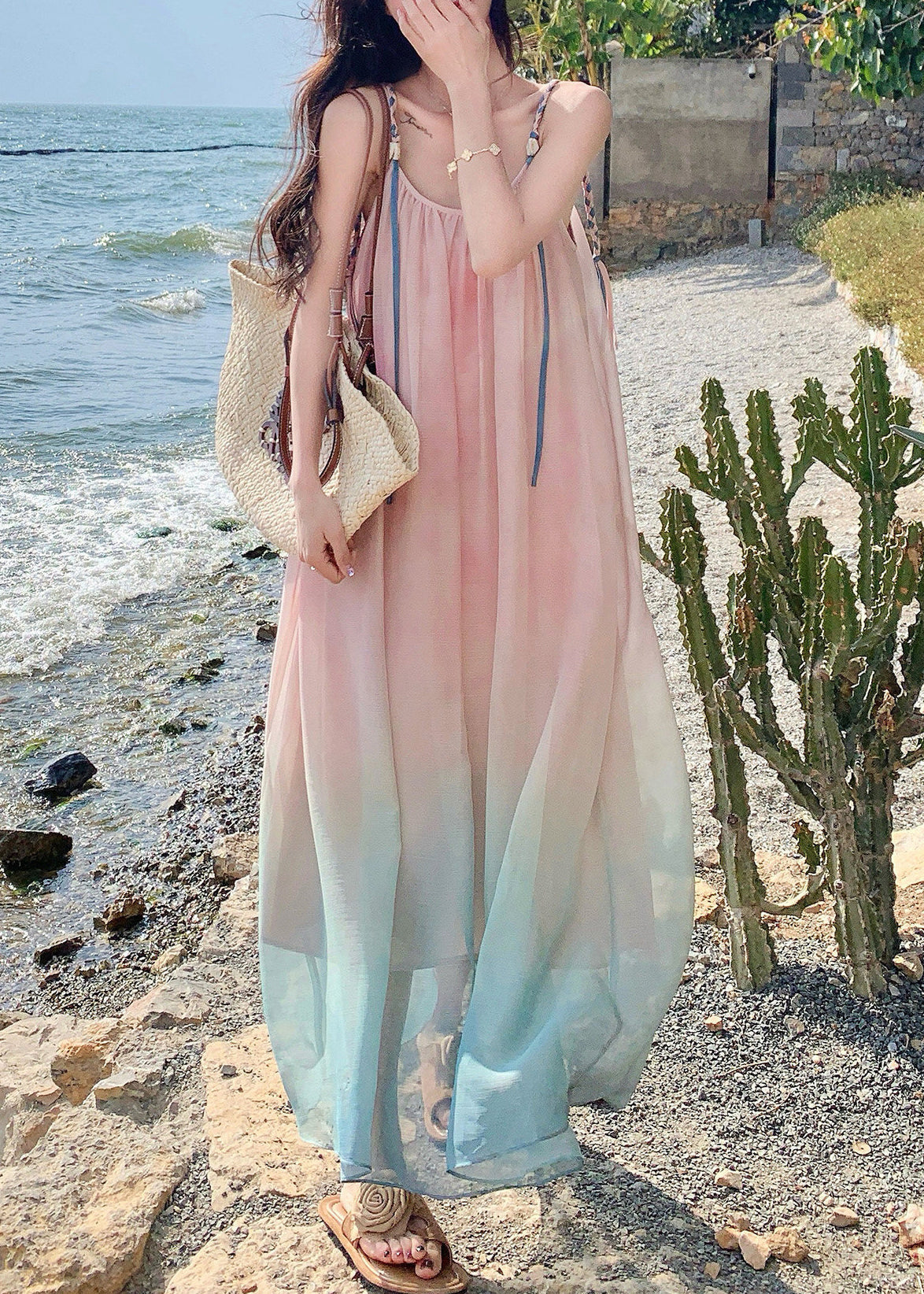 Beautiful Gradient Pink Draping Chiffon Sundress Summer