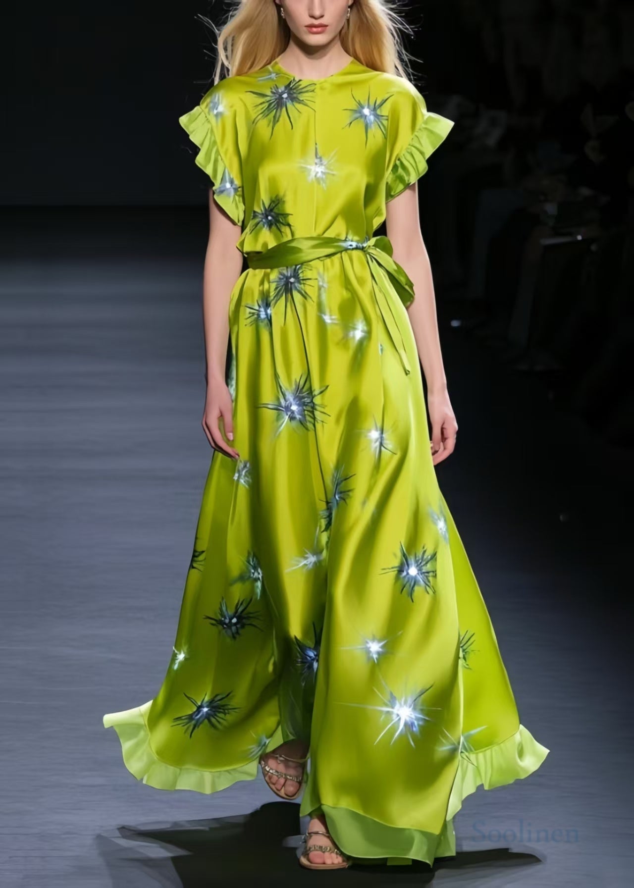 Beautiful Grass Green Twinkling Star Print Silk Tunic Dress Summer