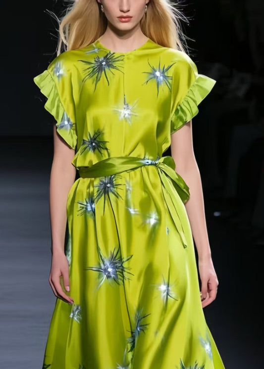 Beautiful Grass Green Twinkling Star Print Silk Tunic Dress Summer