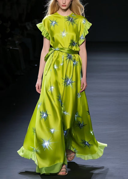 Beautiful Grass Green Twinkling Star Print Silk Tunic Dress Summer