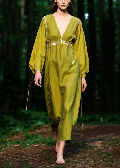 Beautiful Grass Green V Neck Cotton Ankle Dress Spring