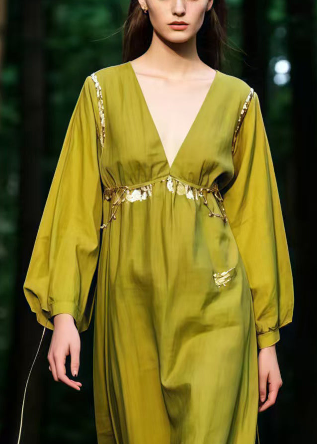 Beautiful Grass Green V Neck Cotton Ankle Dress Spring