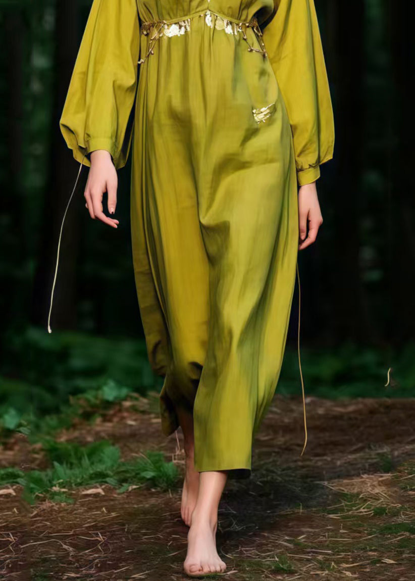 Beautiful Grass Green V Neck Cotton Ankle Dress Spring