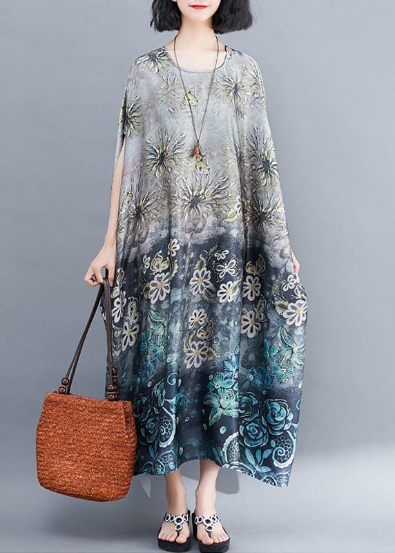 Beautiful Gray Print Long O Neck Baggy  Summer Dress - SooLinen