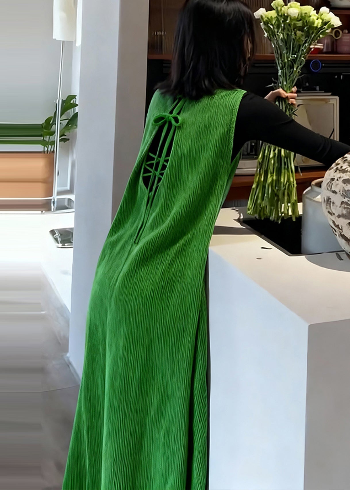 Beautiful Green Backless Corduroy Long Dresses Sleeveless