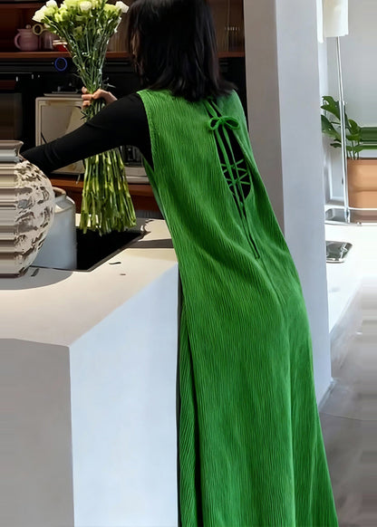 Beautiful Green Backless Corduroy Long Dresses Sleeveless