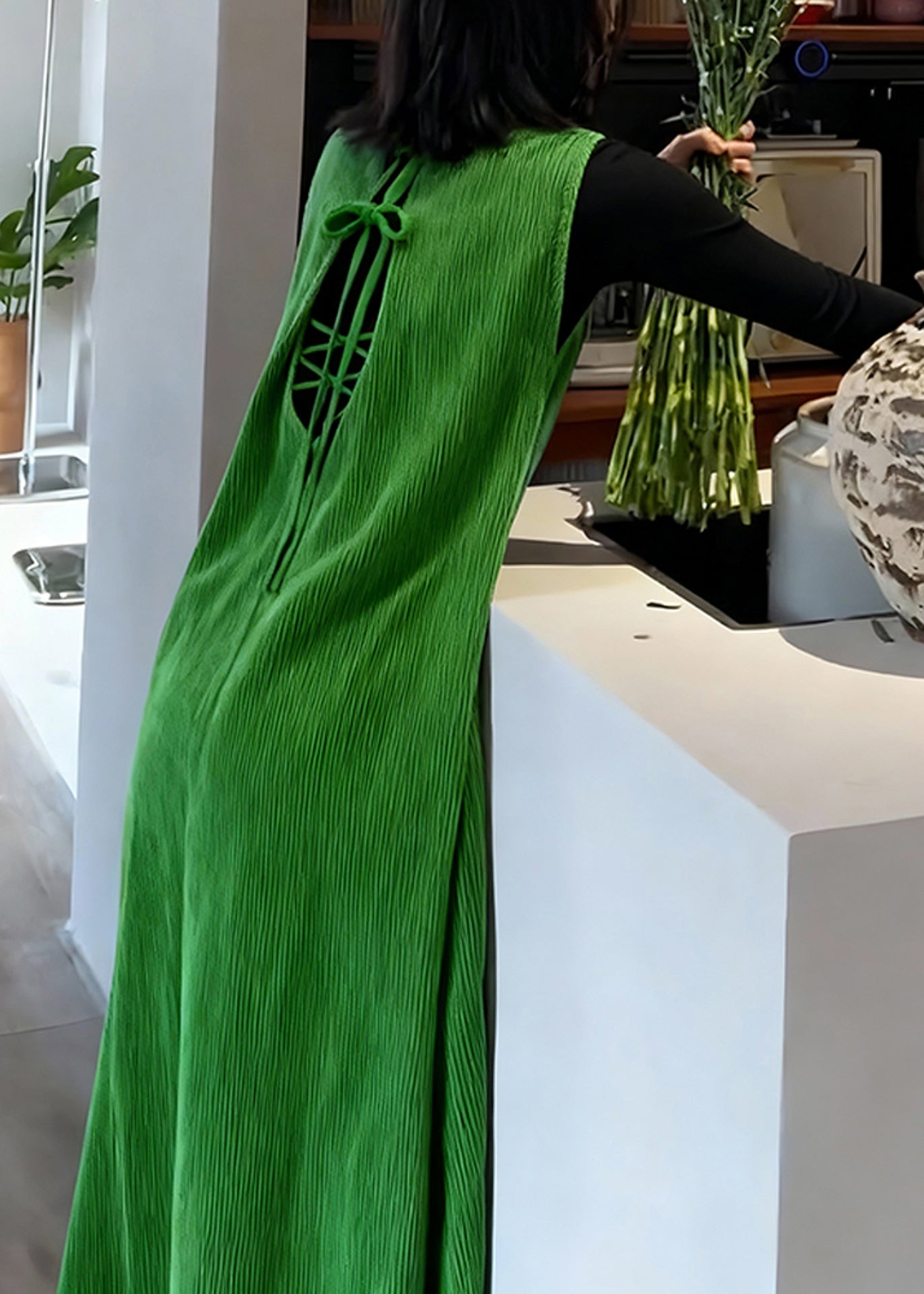 Beautiful Green Backless Corduroy Long Dresses Sleeveless