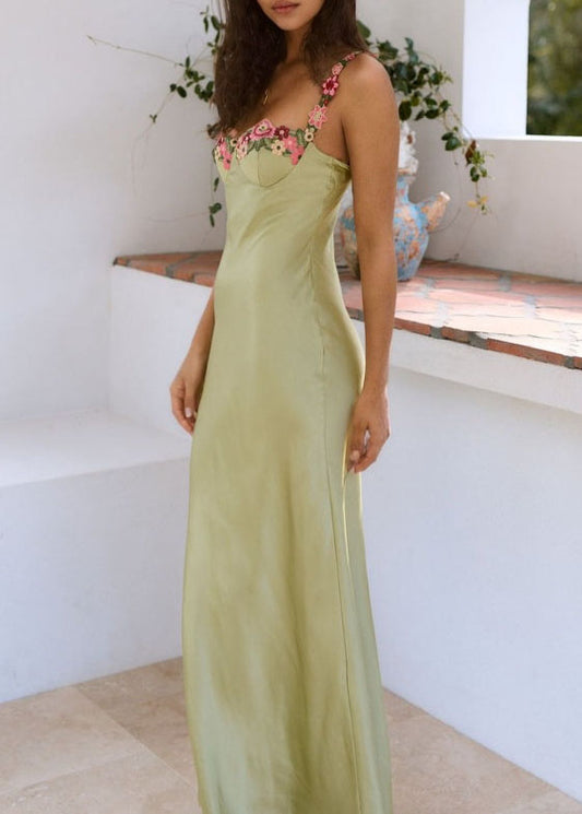 Beautiful Green Backless Floral Silk Spaghetti Strap Dress Summer