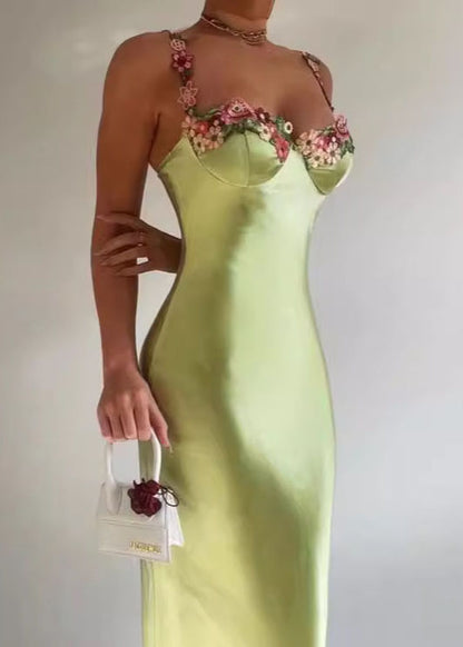 Beautiful Green Backless Floral Silk Spaghetti Strap Dress Summer