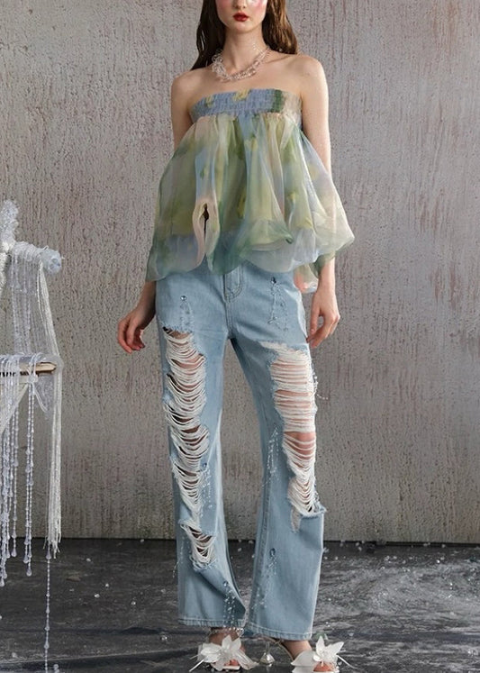 Beautiful Green Backless Print Chiffon Strapless Vests Summer