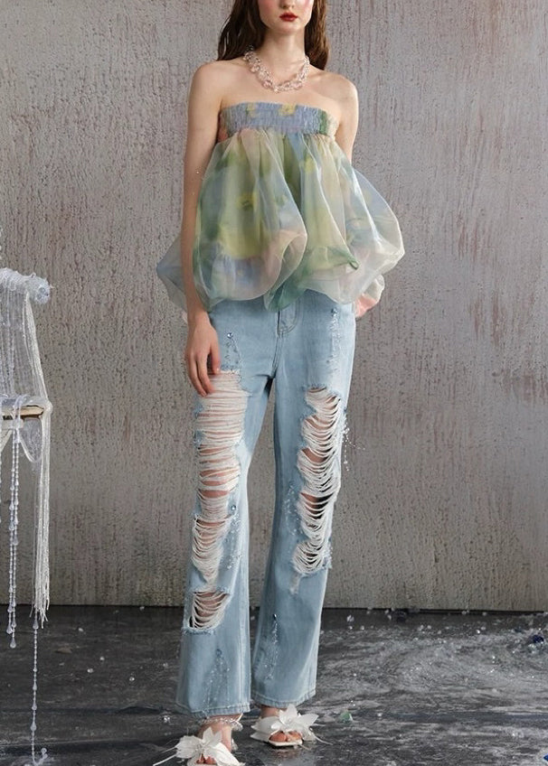 Beautiful Green Backless Print Chiffon Strapless Vests Summer