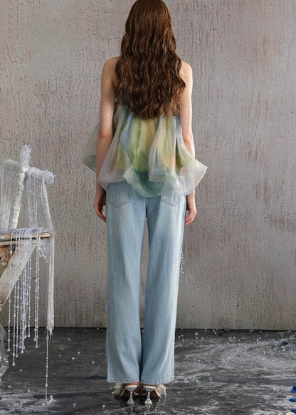 Beautiful Green Backless Print Chiffon Strapless Vests Summer