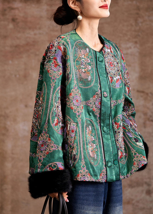 Beautiful Green Embroidered Patchwork Mink Hair Fine Cotton Filled Coats Winter
