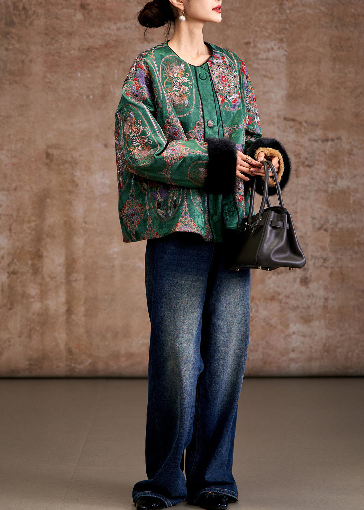 Beautiful Green Embroidered Patchwork Mink Hair Fine Cotton Filled Coats Winter