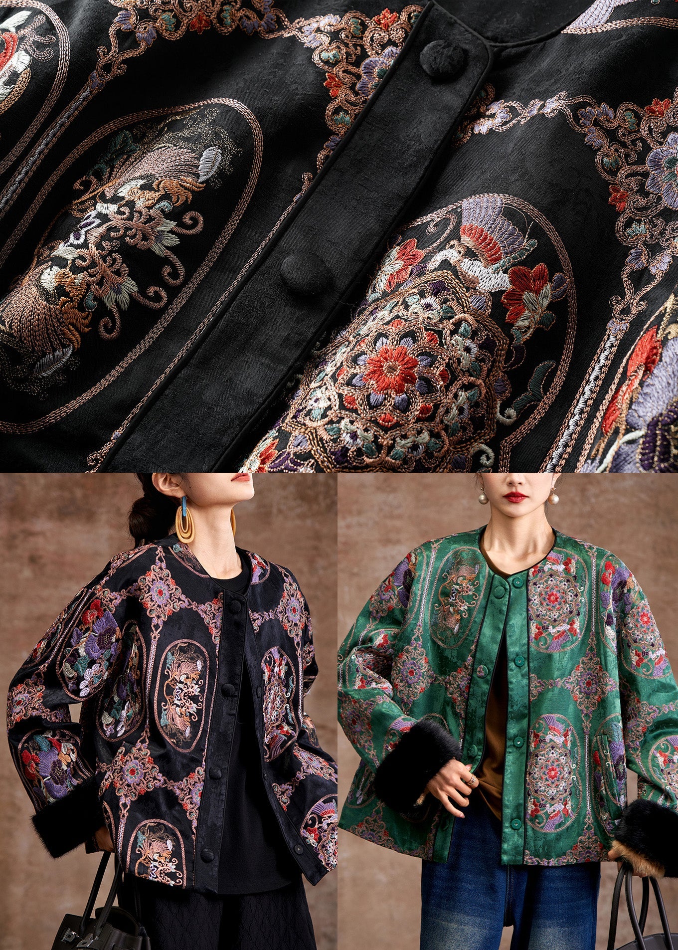 Beautiful Green Embroidered Patchwork Mink Hair Fine Cotton Filled Coats Winter