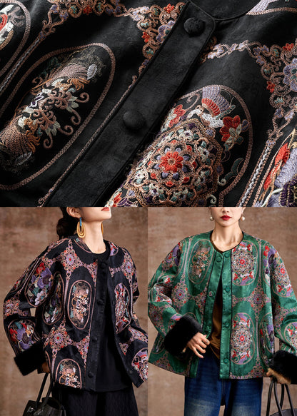 Beautiful Green Embroidered Patchwork Mink Hair Fine Cotton Filled Coats Winter