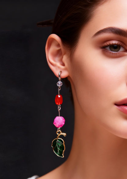 Beautiful Green Leaf Asymmetrical Jade Zircon Drop Earrings