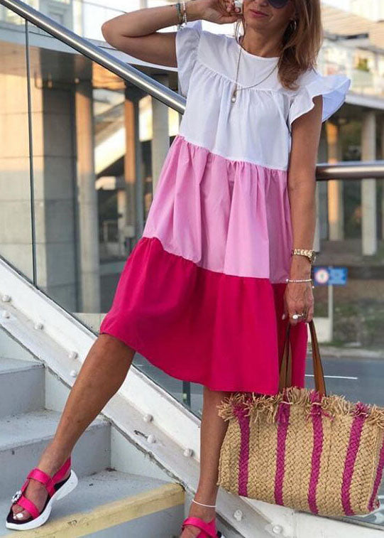 Beautiful Green O-Neck Layered Patchwork Beach Dress Short Sleeve