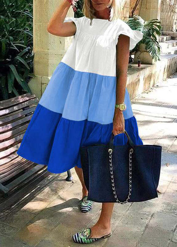 Beautiful Green O-Neck Layered Patchwork Beach Dress Short Sleeve