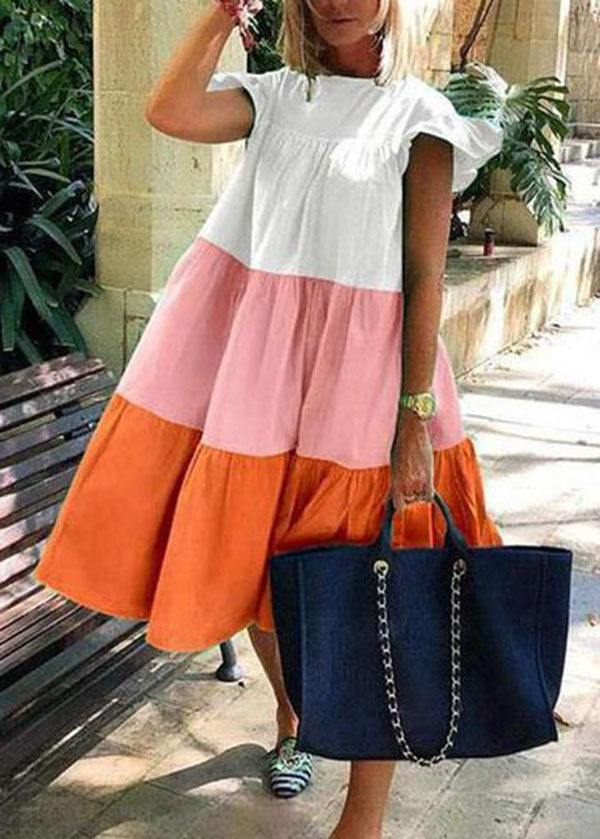 Beautiful Green O-Neck Layered Patchwork Beach Dress Short Sleeve