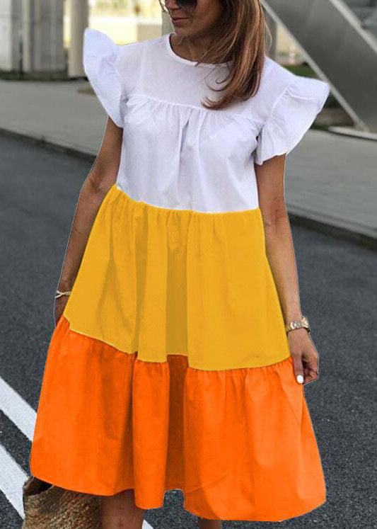 Beautiful Green O-Neck Layered Patchwork Beach Dress Short Sleeve