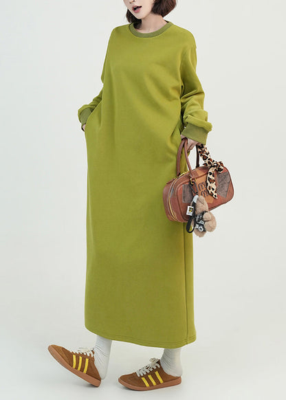 Beautiful Green O Neck Long Cotton Straight Dress Spring