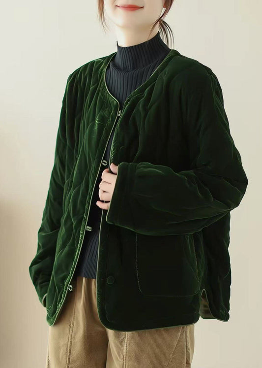 Beautiful Green O Neck Pockets Velvet Fine Cotton Filled Jackets Winter