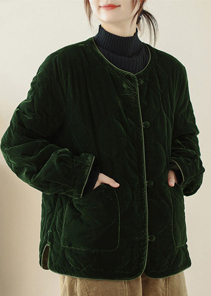 Beautiful Green O Neck Pockets Velvet Fine Cotton Filled Jackets Winter
