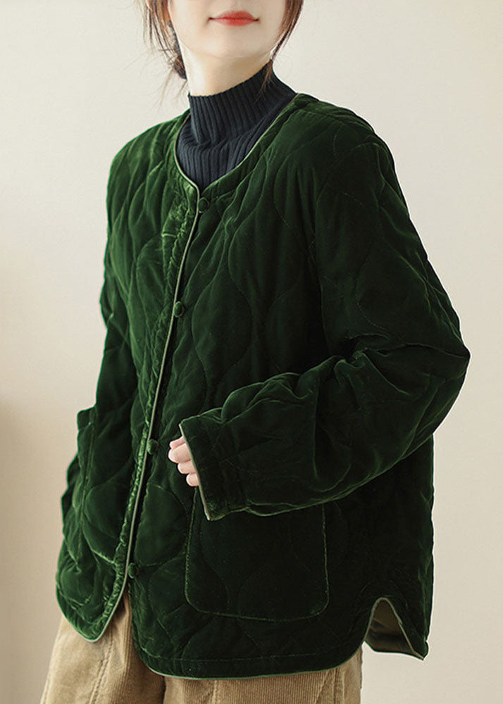 Beautiful Green O Neck Pockets Velvet Fine Cotton Filled Jackets Winter