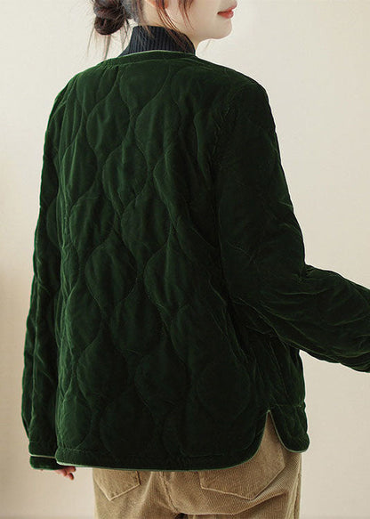 Beautiful Green O Neck Pockets Velvet Fine Cotton Filled Jackets Winter