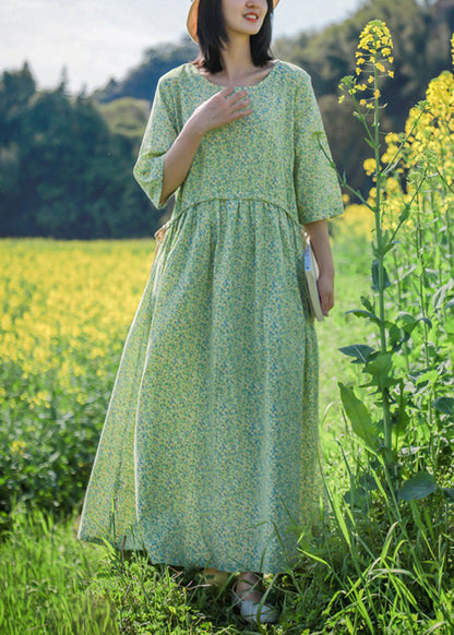 Beautiful Green O Neck Print Lace Up Cotton Dresses Half Sleeve